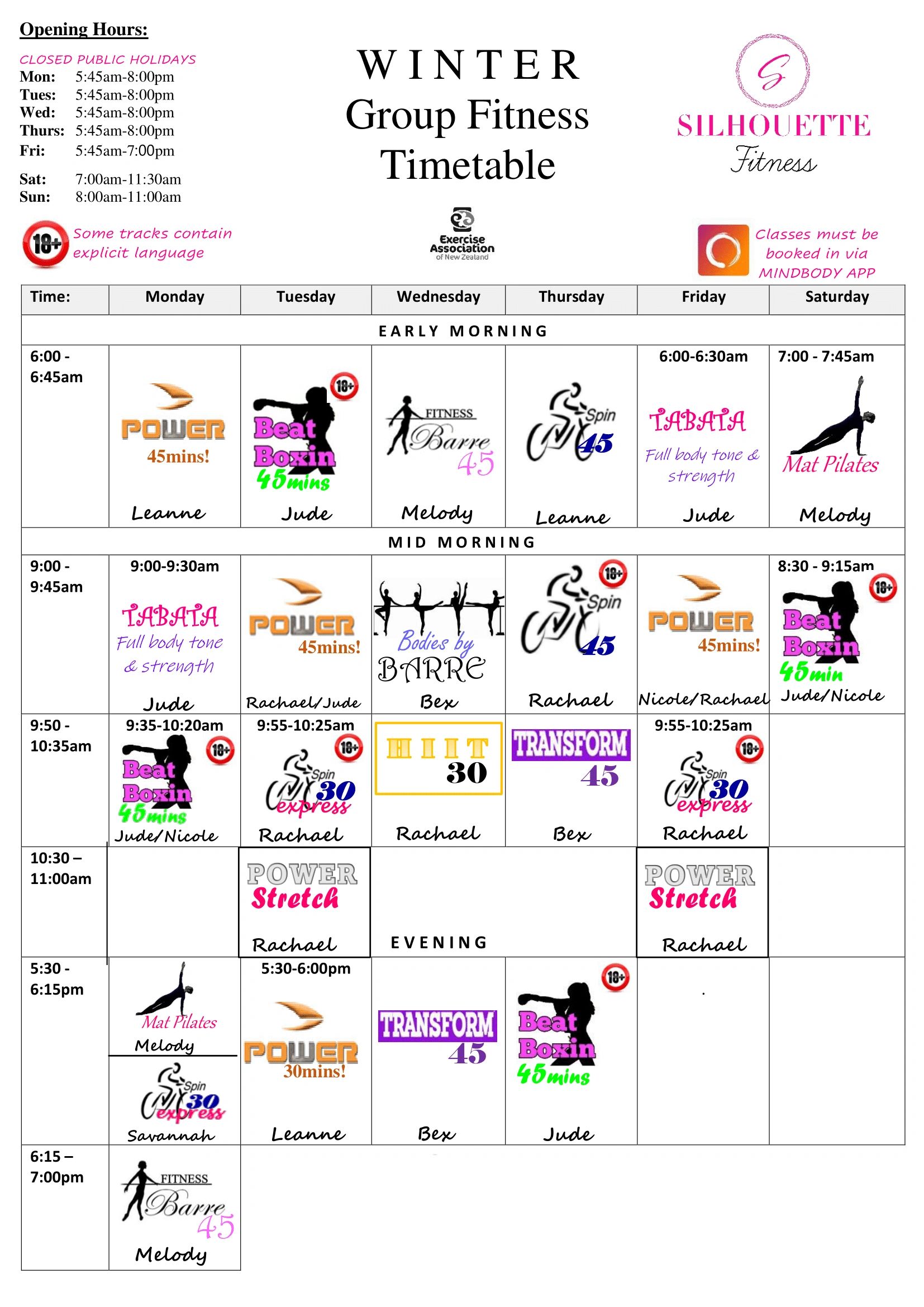 Silhouette Fitness Group Fitness Timetable Exercise Classes